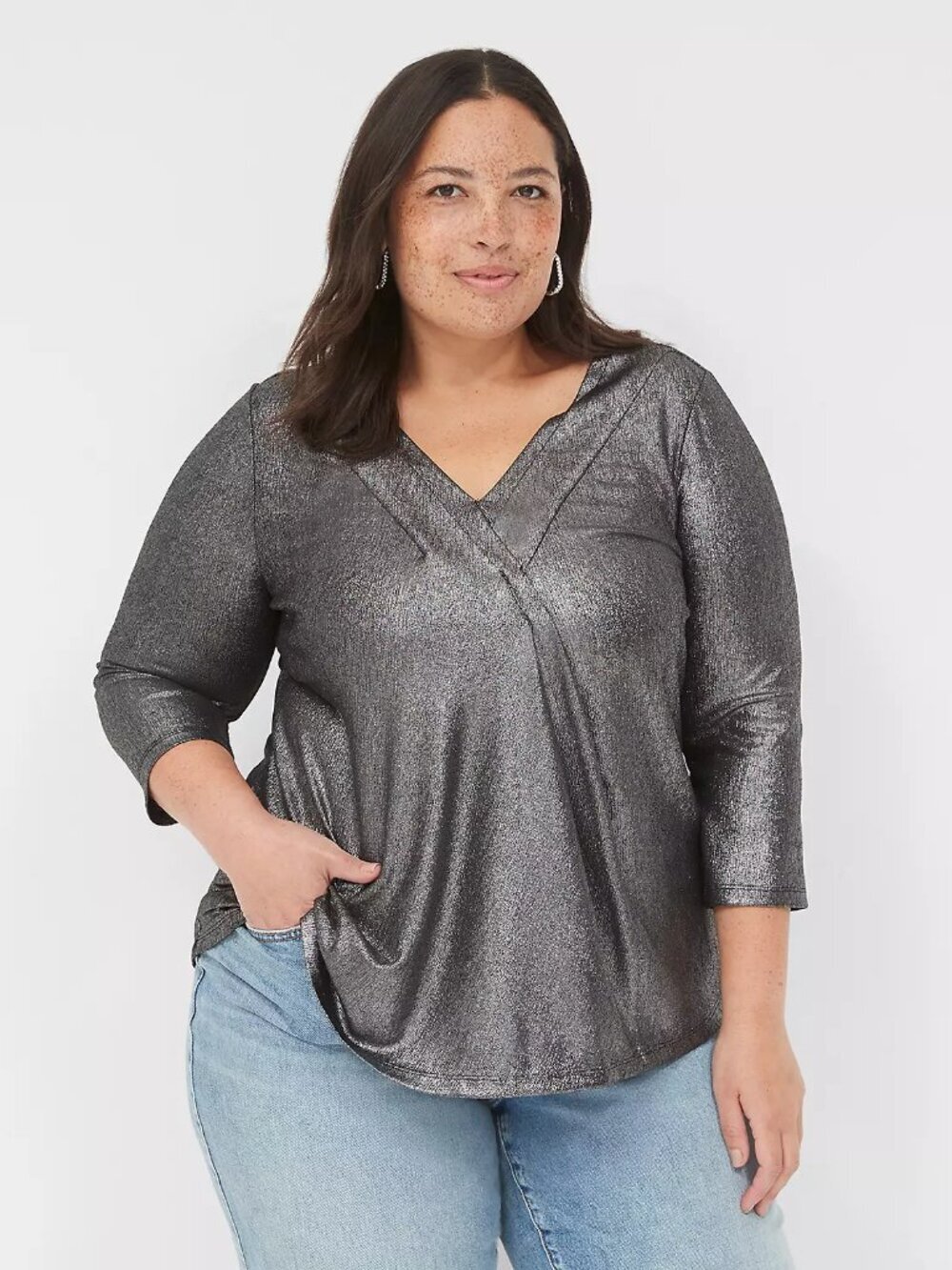 NWOT Lane Bryant Gunmetal Swing 3/4-Sleeve Pleat-Front Top in Size 26/28 (4X)